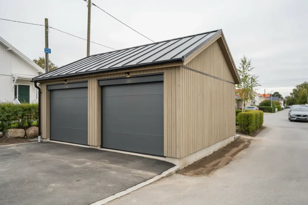 uppf rande av isolerat dubbelgarage med platta p mark i bredsand
